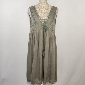 Women's Size M Sage Crochet Lace  Floral Embroidered Tassel Tie Baby Doll Dress